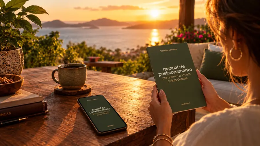 mãos segurando o manual de posicionamento impresso numa varanda com vista pro mar no fim da tarde, com café e o manual aberto no celular